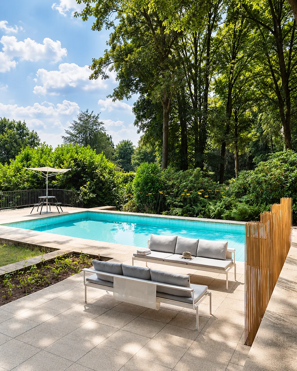 White Sol+Luna outdoor sofas with pale grey cushions arranged on a tiled terrace beside a rectangular swimming pool, with a white parasol table, dense woodland planting, and a slender wood screen in the background.
