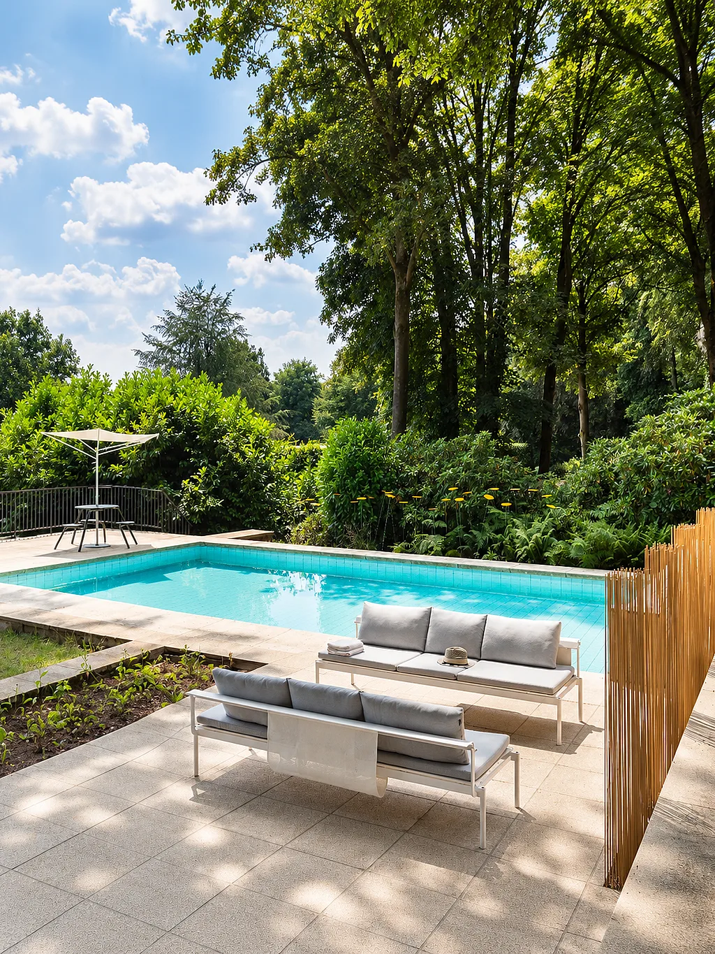 White Sol+Luna outdoor sofas with pale grey cushions arranged on a tiled terrace beside a rectangular swimming pool, with a white parasol table, dense woodland planting, and a slender wood screen in the background.