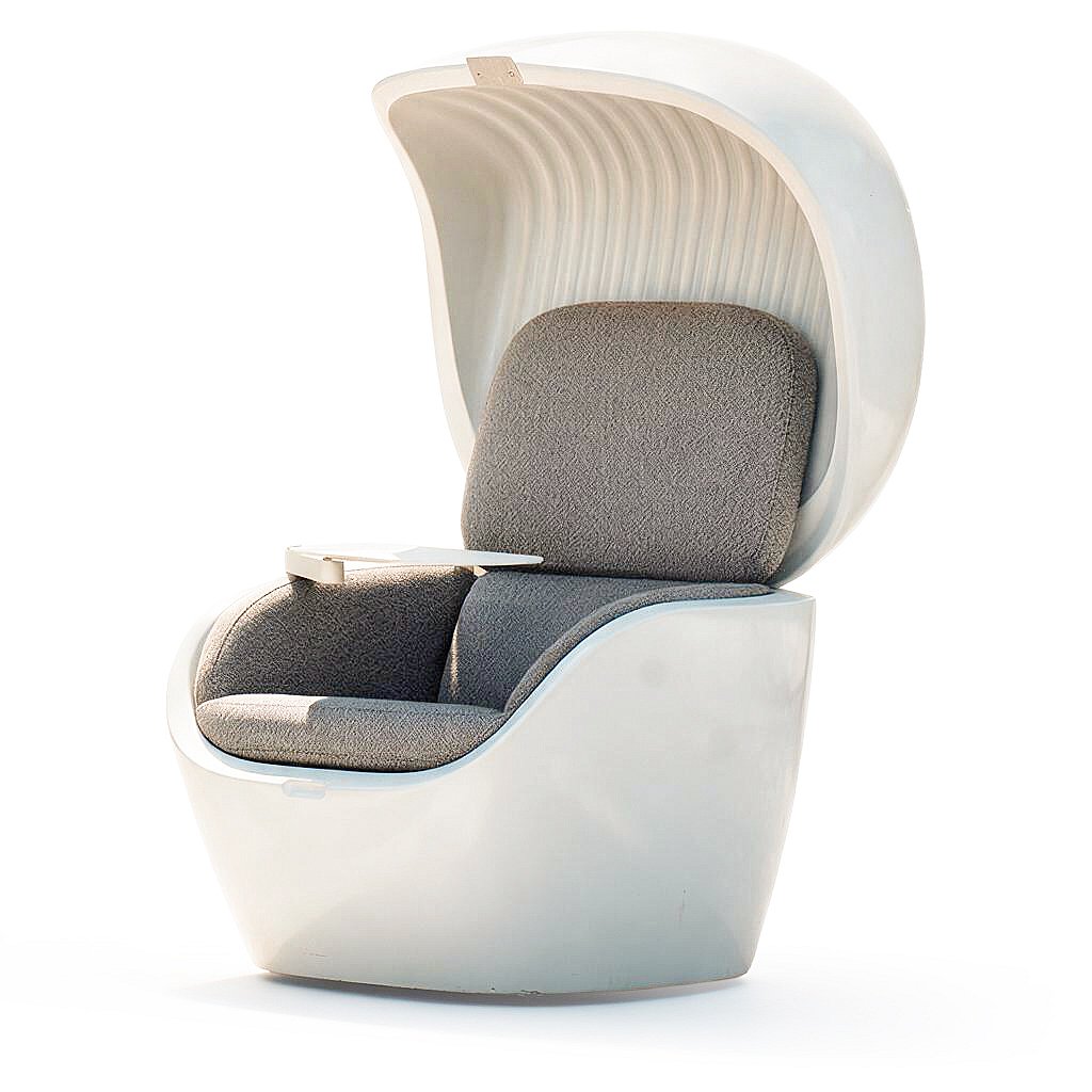 Keiseki lounge chair open, with the integrated table and cushions, on a white background