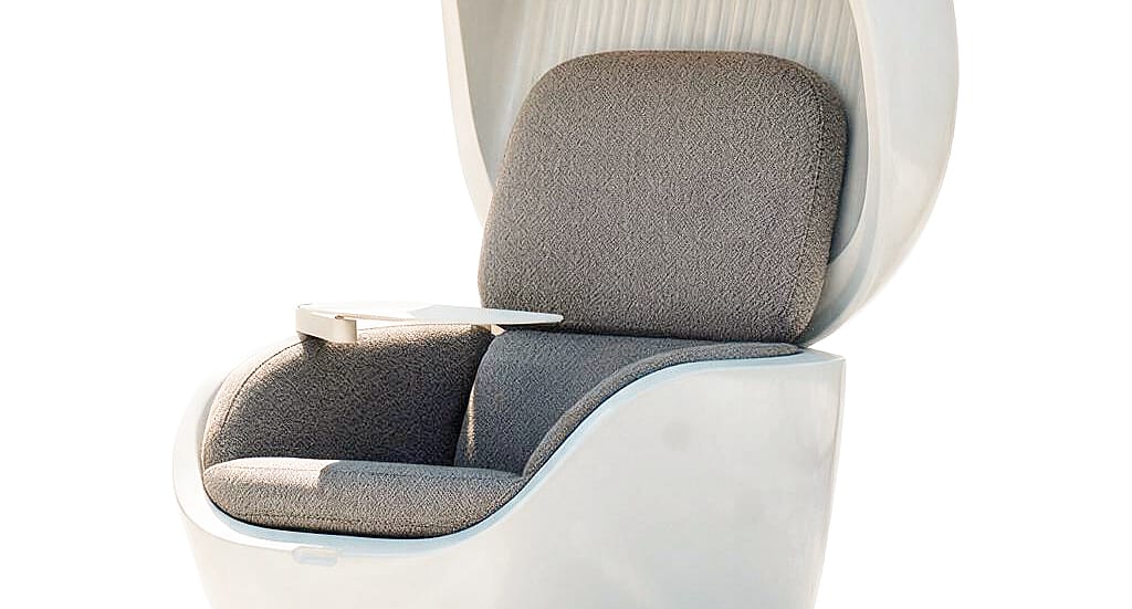 Keiseki lounge chair open, with the integrated table and cushions, on a white background