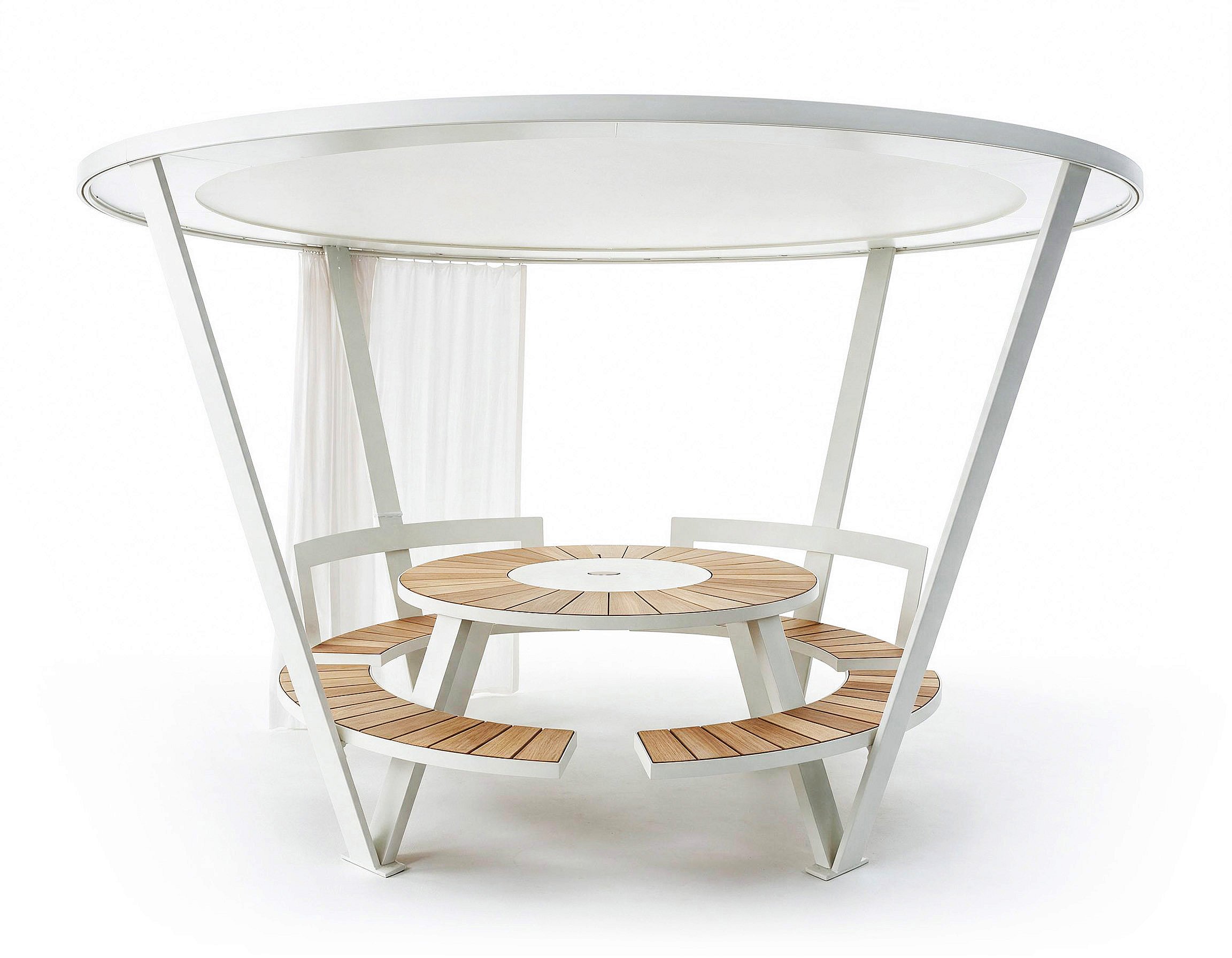 Halo shade and light structure above a Pantagruel picnic table, on a white background