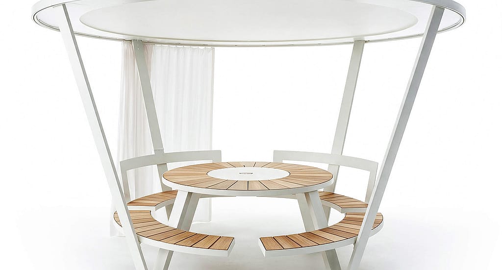 Halo shade and light structure above a Pantagruel picnic table, on a white background